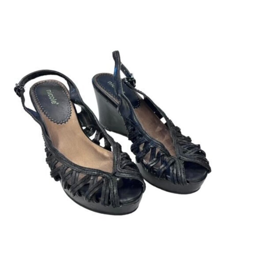 Nicole Black Woven Leather Slingback Wedge Sandals